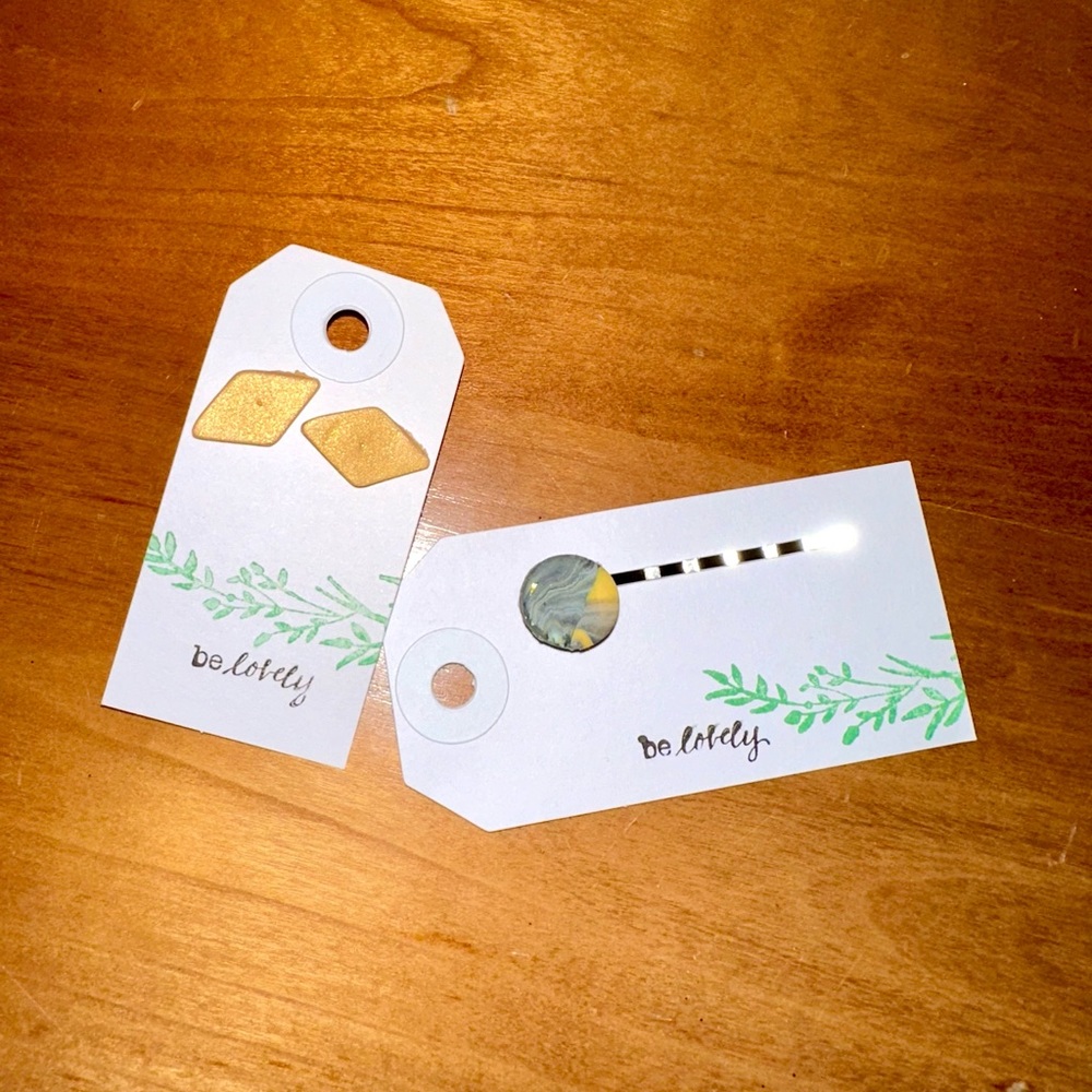 NWT unique handmade earrings and hair clip